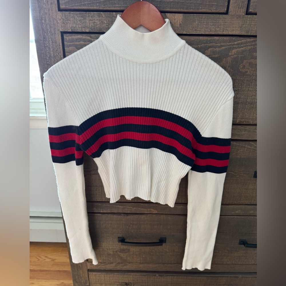 Urban Outfitters White Crop Top with Navy and Red Stripes